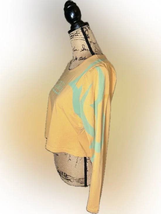 Von Dutch Cropped Yellow Orange Teal Tattoo Long Sleeve Scoop Neck Tee Shirt 1X - Picture 2 of 7
